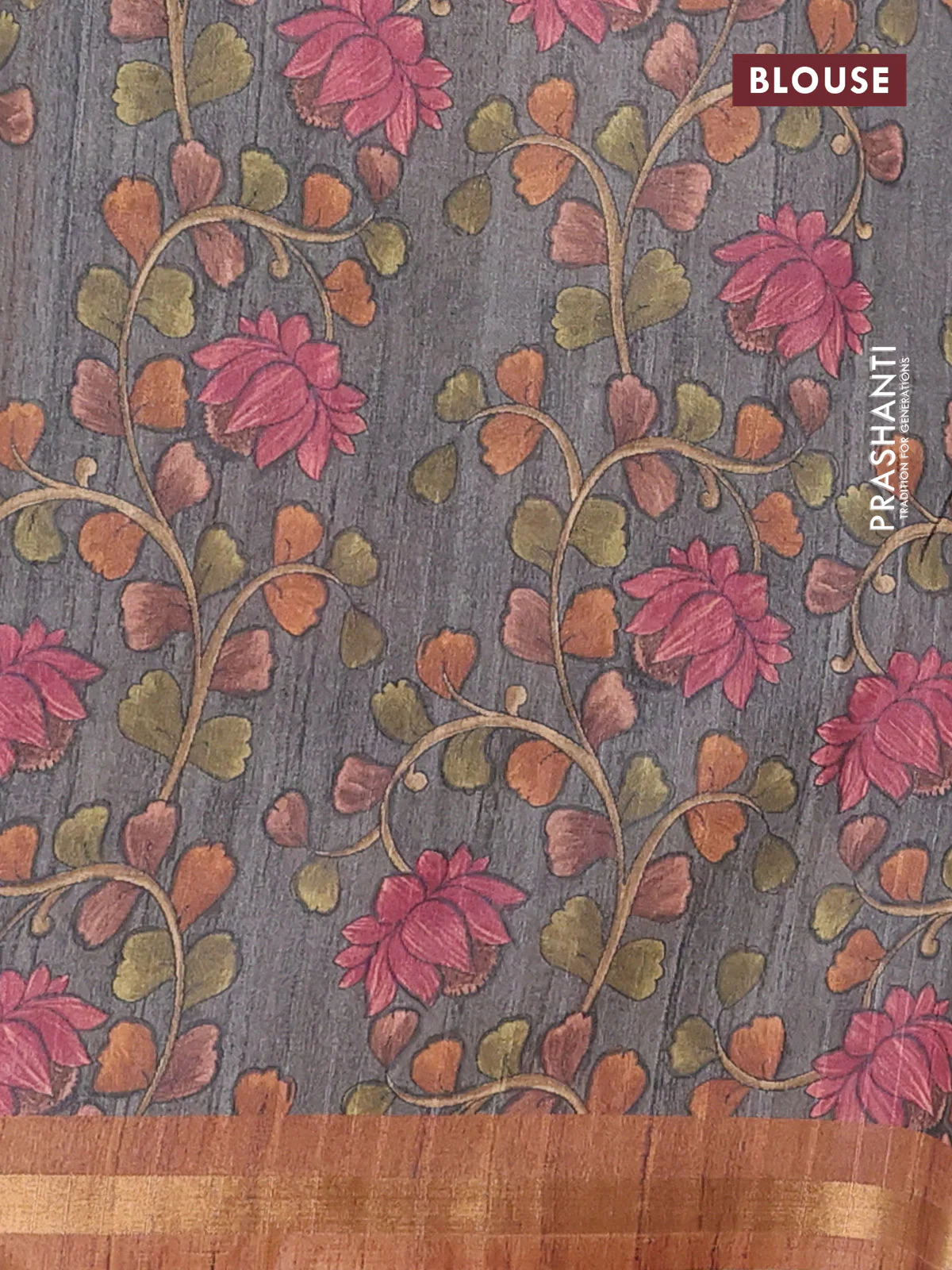 Semi tussar saree dark mustard with plain body and kalamkari prints & cut work pallu - Image 4