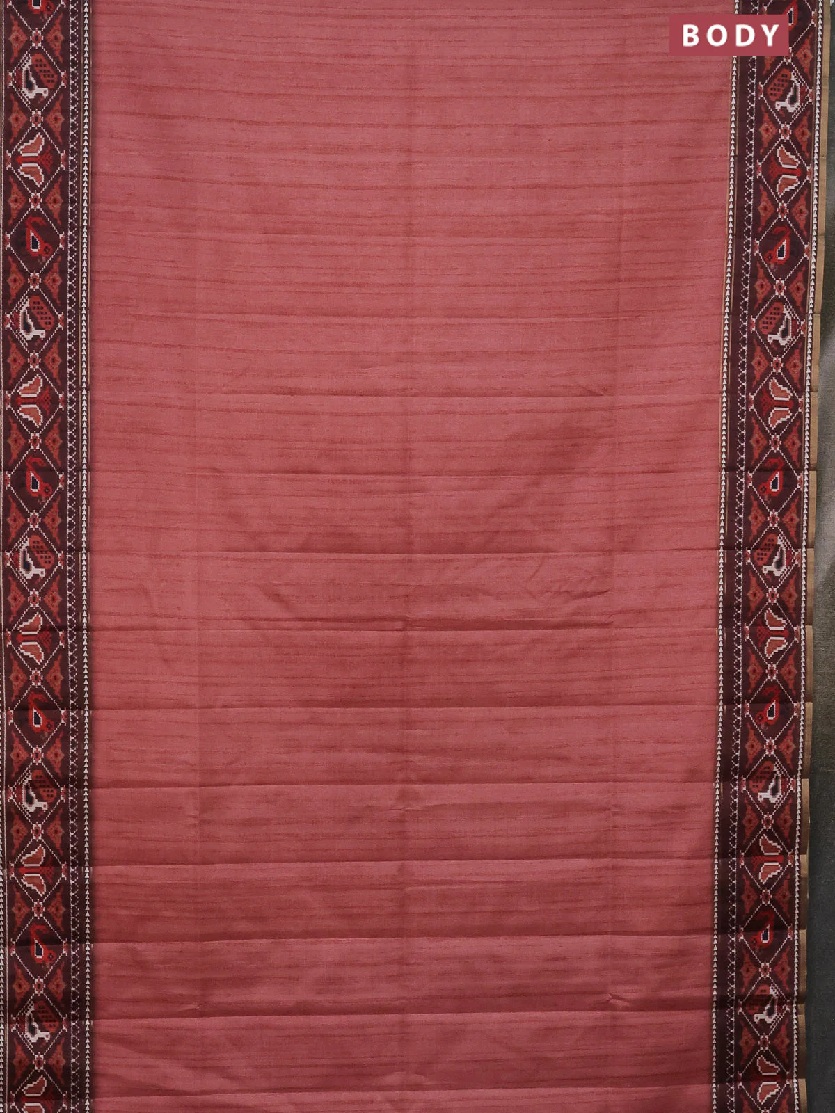 Semi tussar saree dark peach and brown with plain body and patola printed border - Image 2