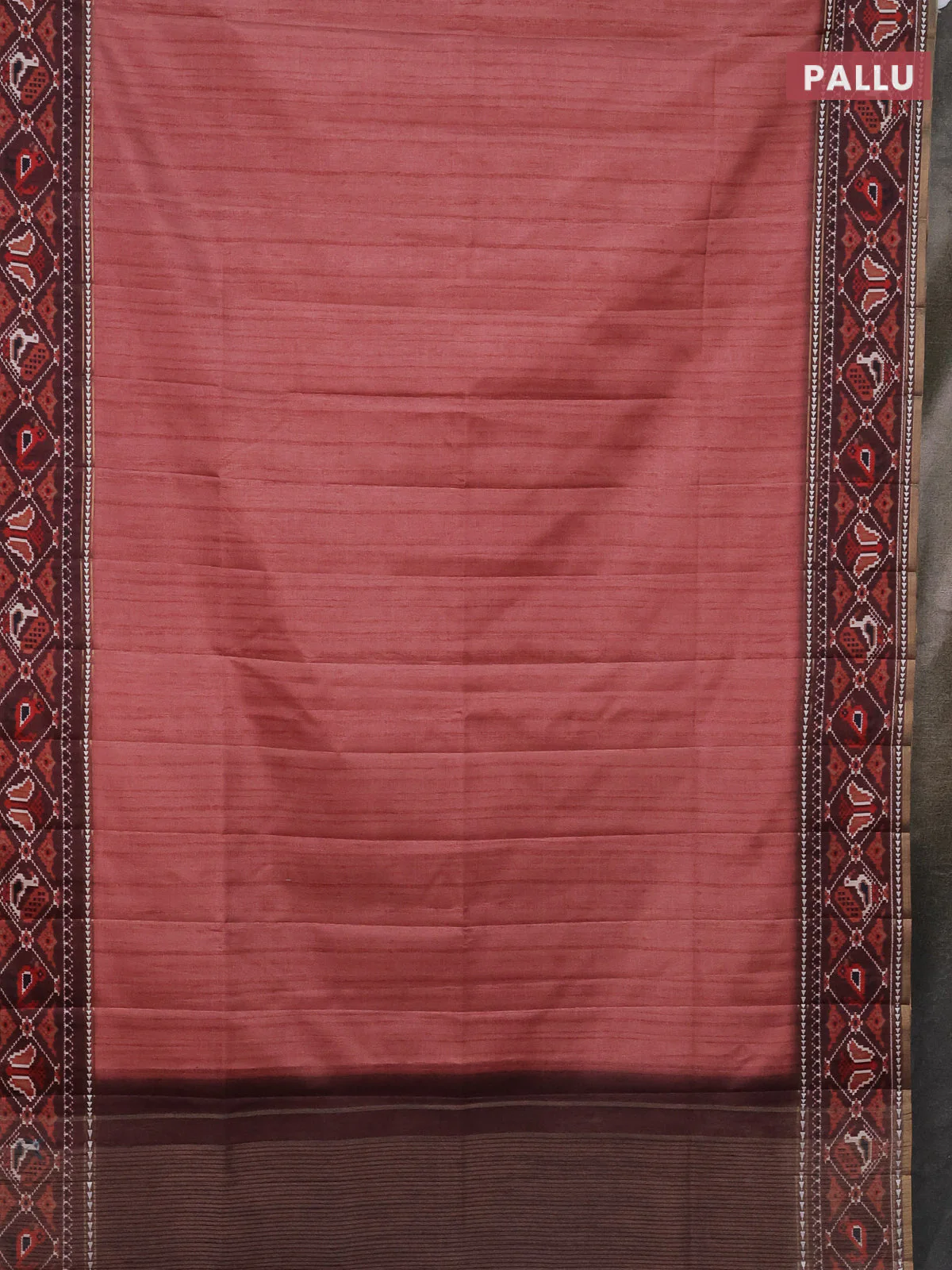 Semi tussar saree dark peach and brown with plain body and patola printed border - Image 3