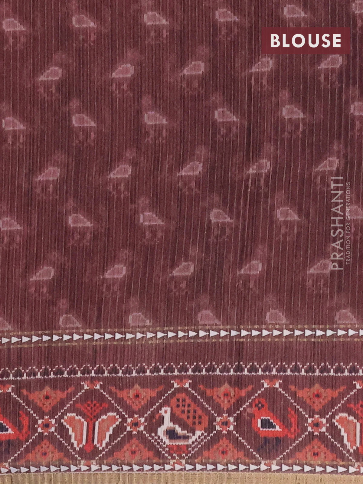 Semi tussar saree dark peach and brown with plain body and patola printed border - Image 4