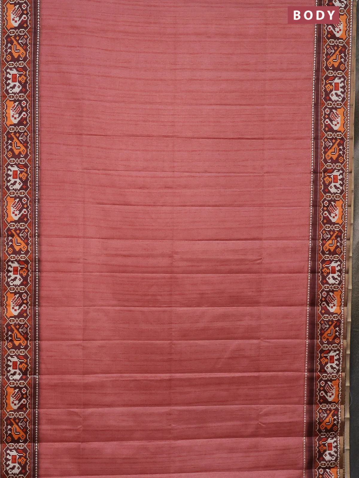 Semi tussar saree dark peach pink and brown with plain body and patola printed border - Image 2