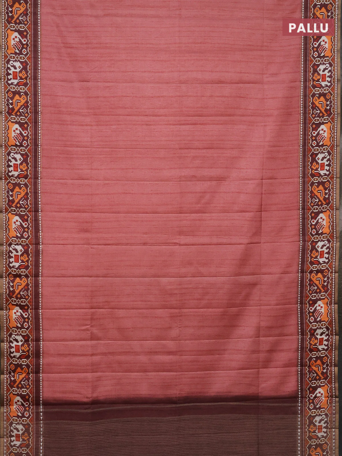 Semi tussar saree dark peach pink and brown with plain body and patola printed border - Image 3