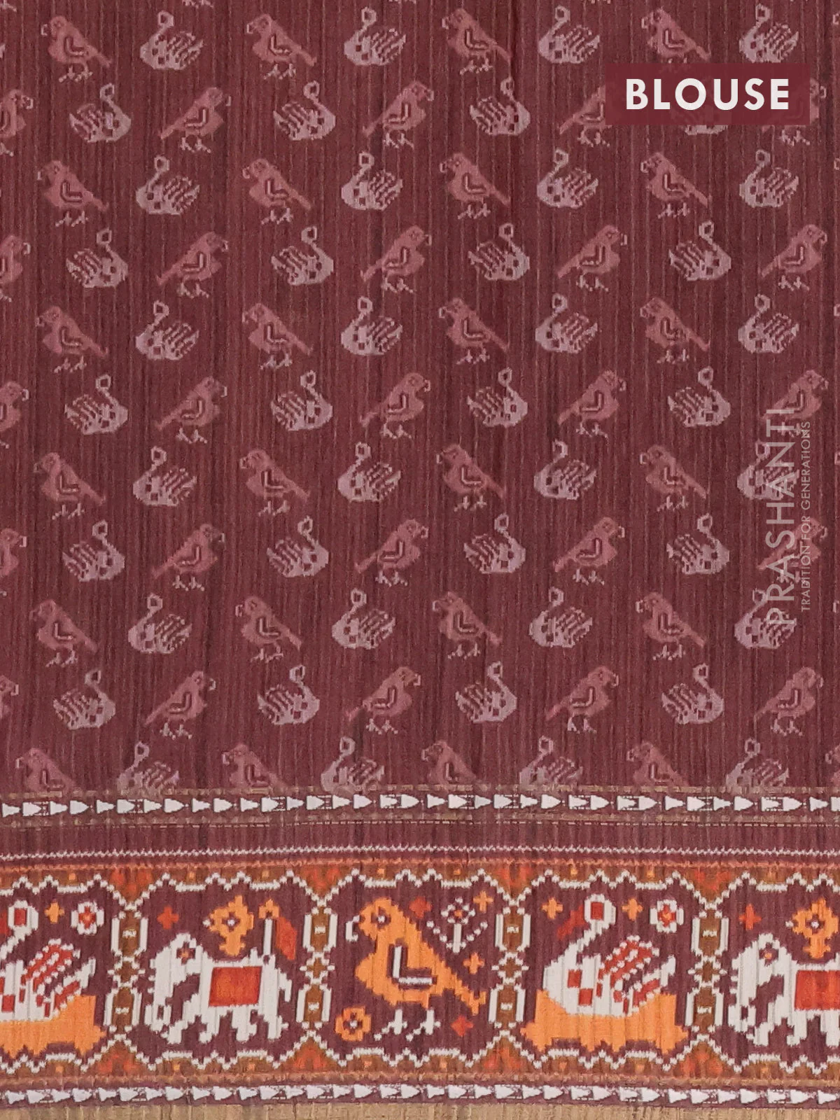 Semi tussar saree dark peach pink and brown with plain body and patola printed border - Image 4