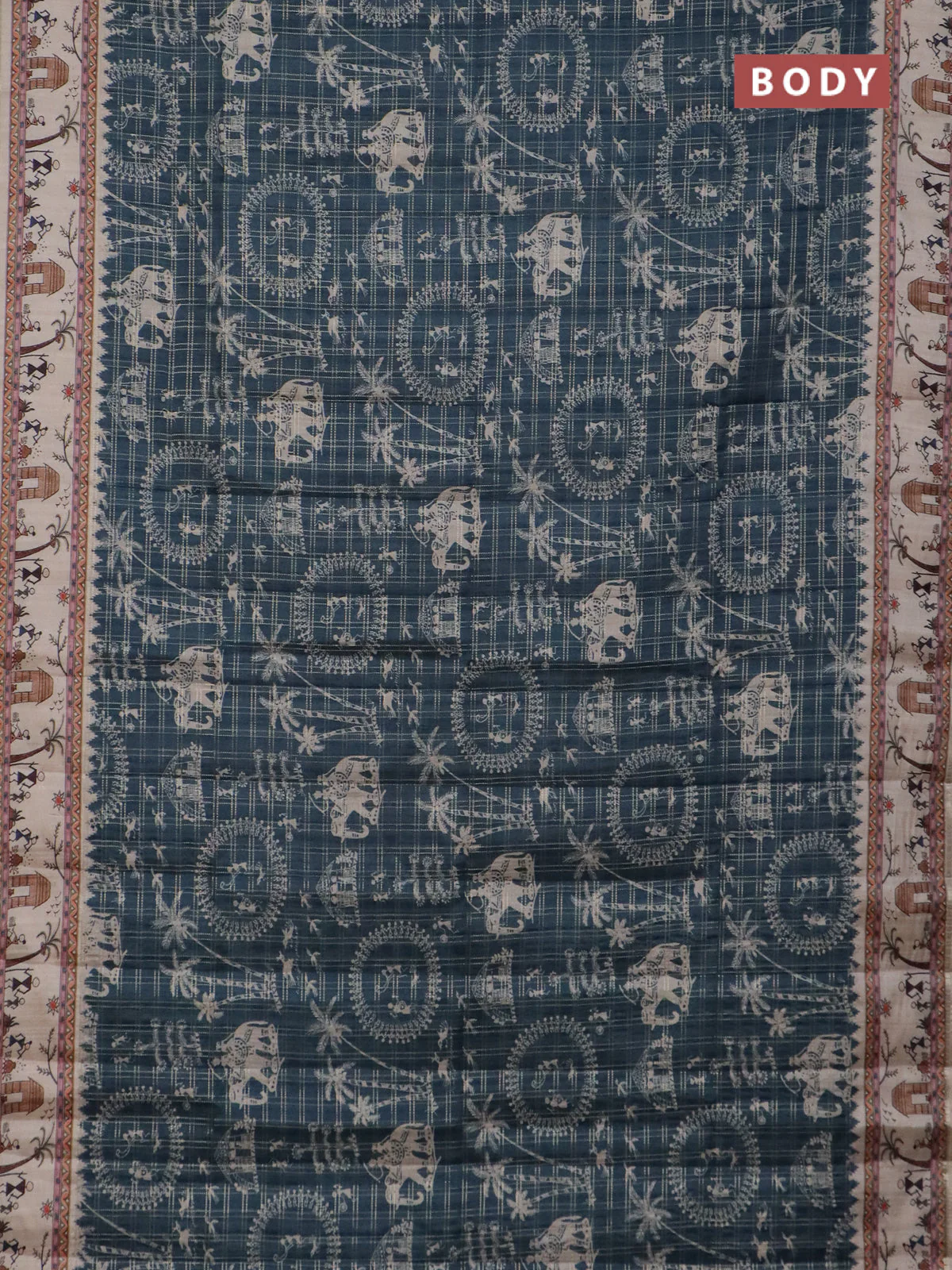 Semi tussar saree dark peacock blue and cream with allover zari checks & warli prints  and printed border - Image 2