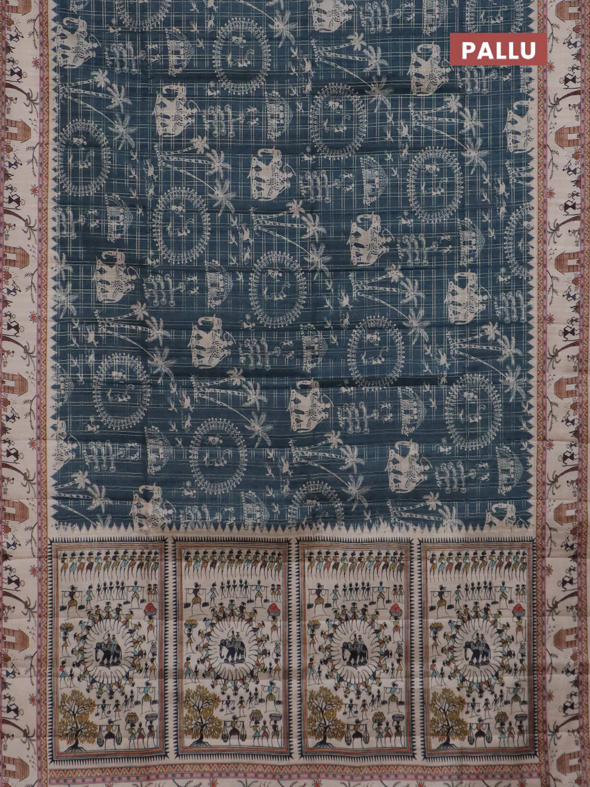 Semi tussar saree dark peacock blue and cream with allover zari checks & warli prints  and printed border - Image 3