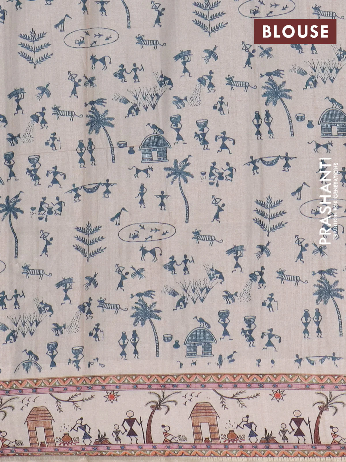 Semi tussar saree dark peacock blue and cream with allover zari checks & warli prints  and printed border - Image 4