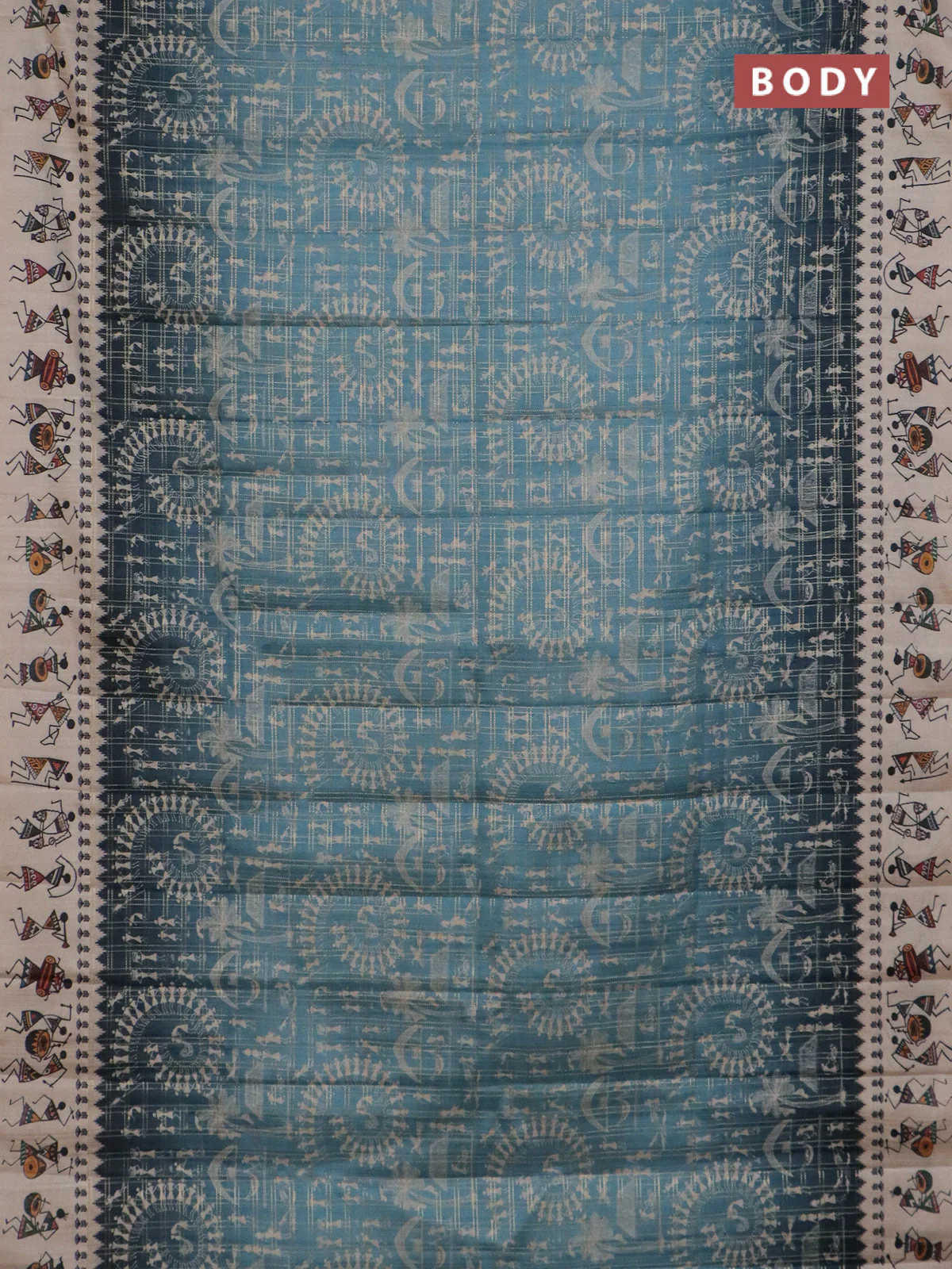 Semi tussar saree dark peacock blue and cream with allover zari checks & warli prints  and printed border - Image 2
