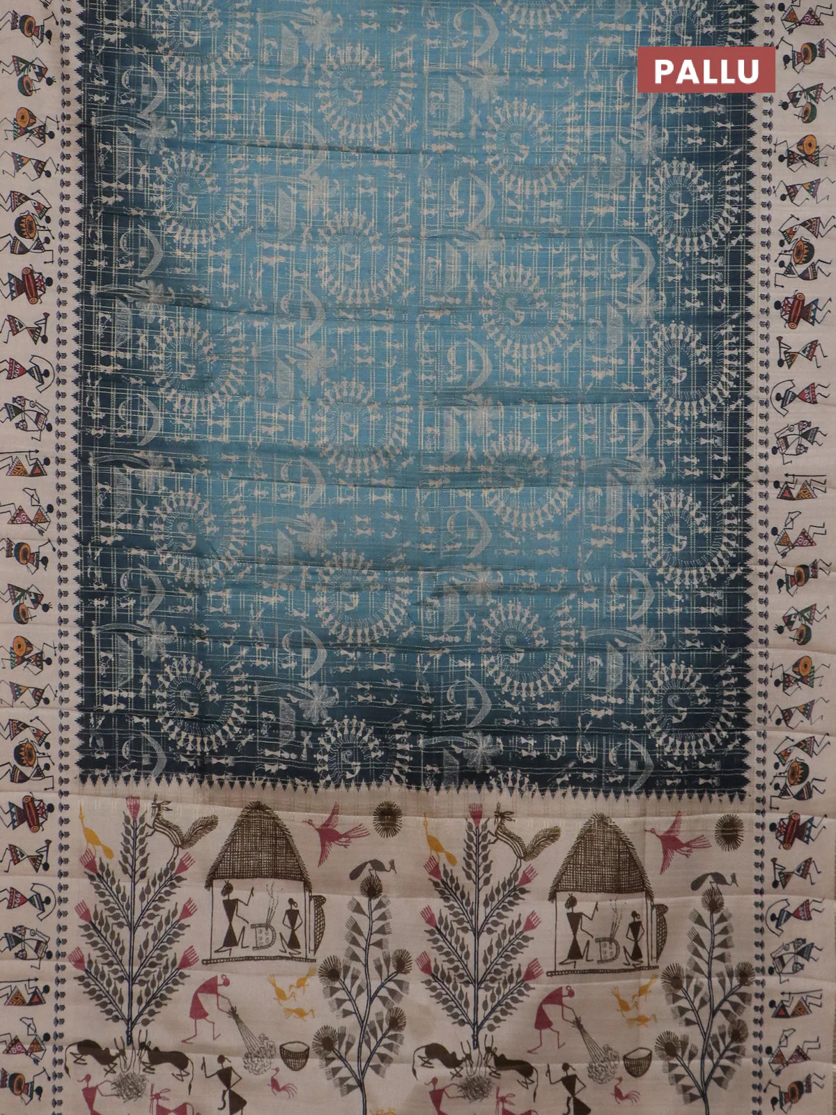 Semi tussar saree dark peacock blue and cream with allover zari checks & warli prints  and printed border - Image 3
