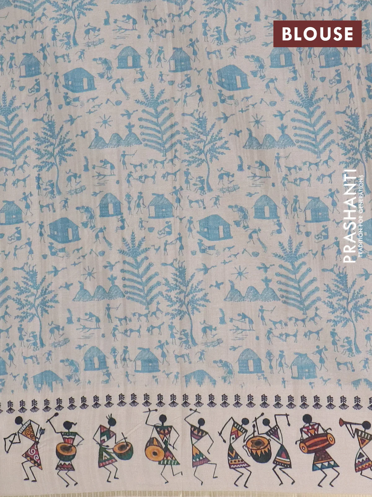 Semi tussar saree dark peacock blue and cream with allover zari checks & warli prints  and printed border - Image 4