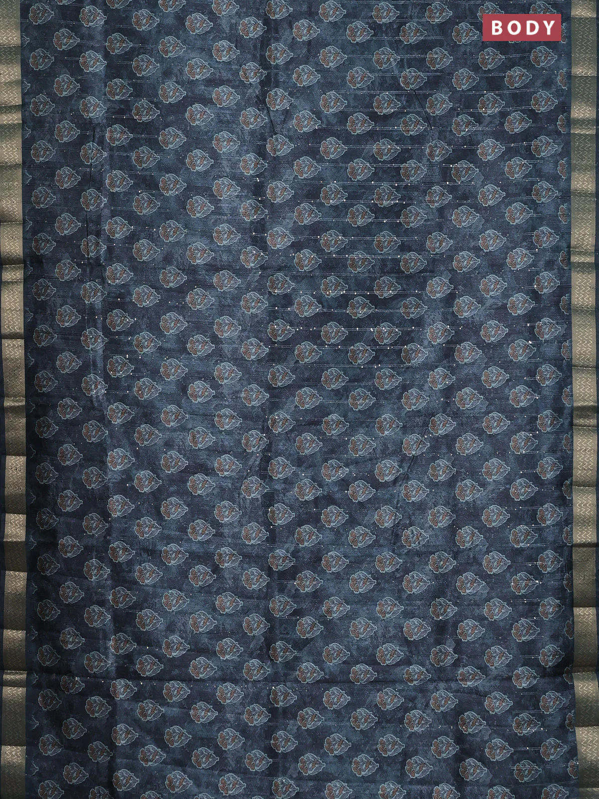 Semi tussar saree dark peacock green with floral butta prints & sequin work and zari woven border - Image 2