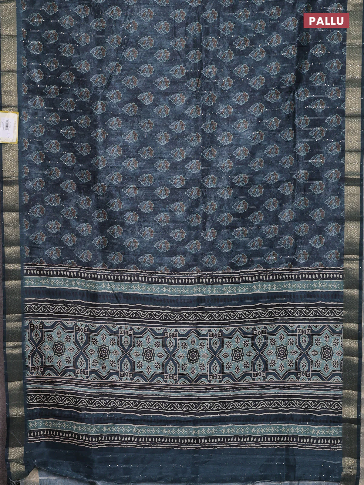 Semi tussar saree dark peacock green with floral butta prints & sequin work and zari woven border - Image 3