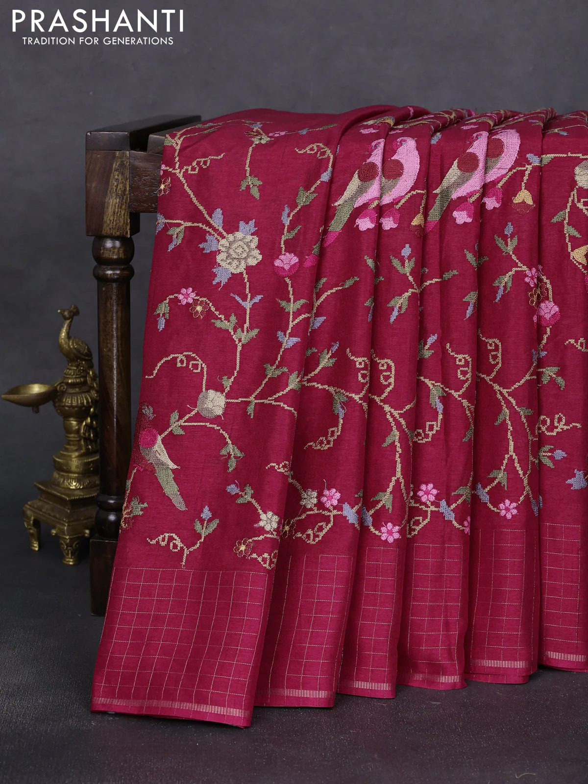 Semi tussar saree dark pink with allover embroidery design and zari woven border - Image 2