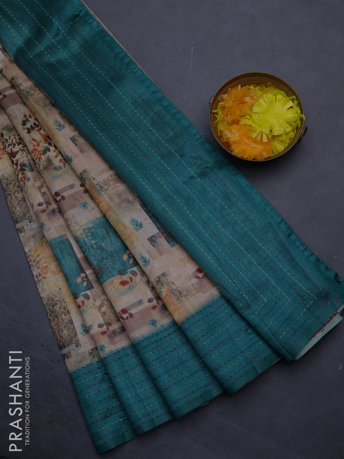 Semi tussar saree dark sandal and green with allover prints and kantha stitich work border