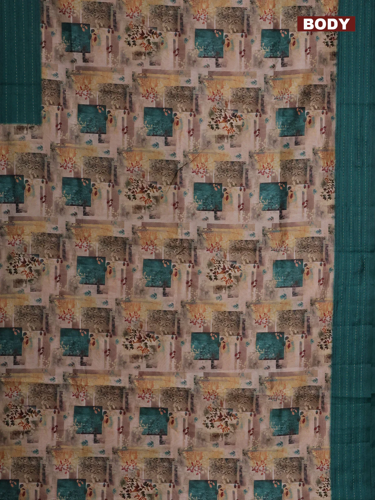 Semi tussar saree dark sandal and green with allover prints and kantha stitich work border - Image 2