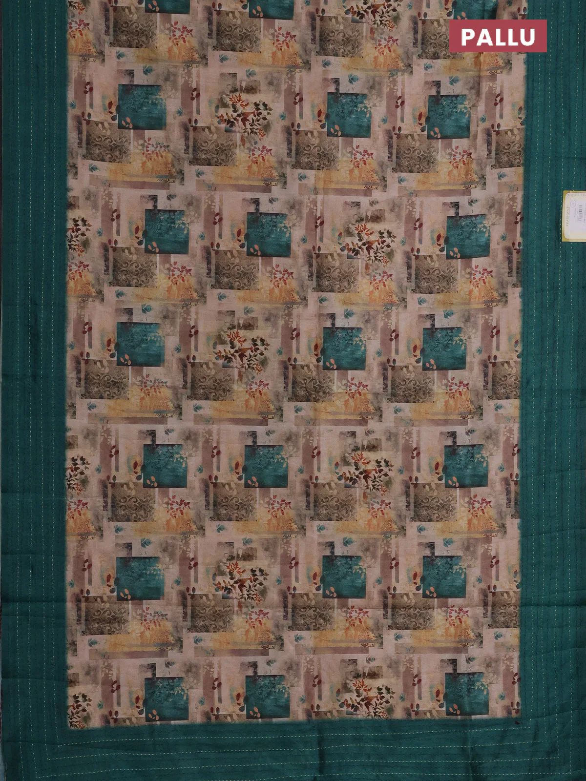Semi tussar saree dark sandal and green with allover prints and kantha stitich work border - Image 3