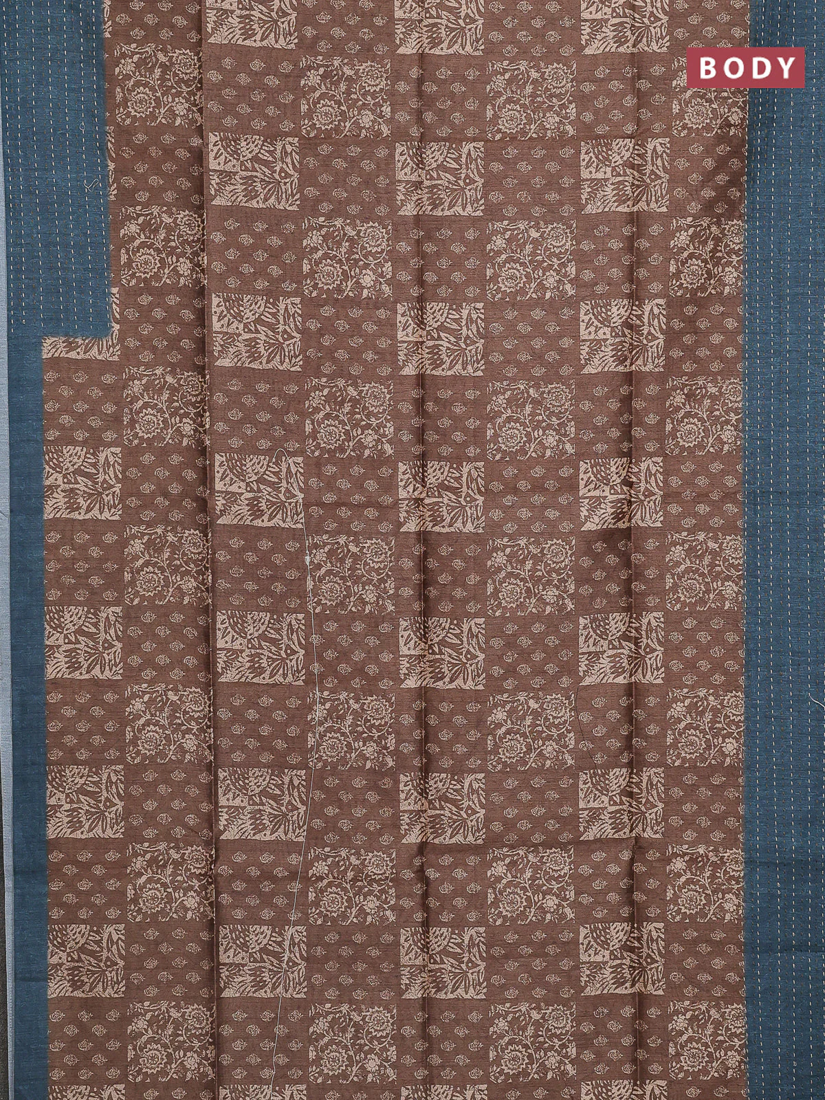 Semi tussar saree dark sandal and peacock green with allover batik prints and katha stitch work pallu & border - Image 2