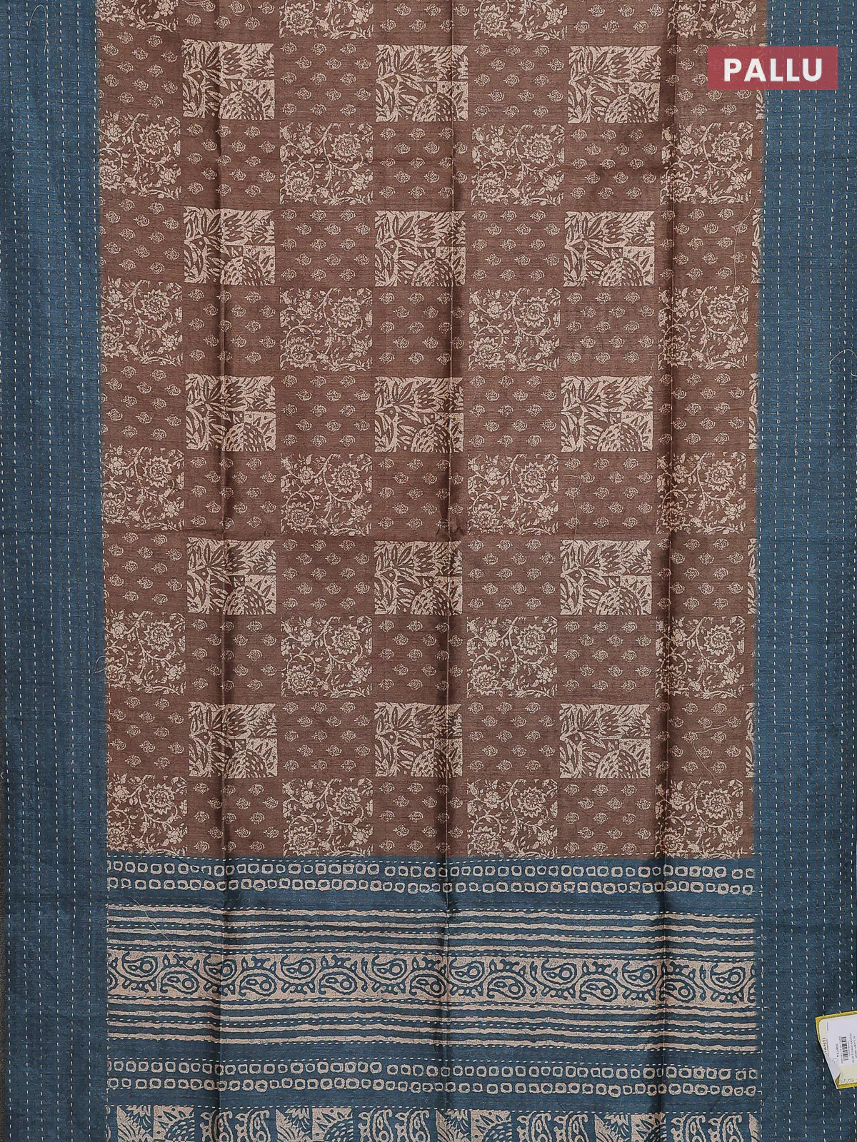 Semi tussar saree dark sandal and peacock green with allover batik prints and katha stitch work pallu & border - Image 3