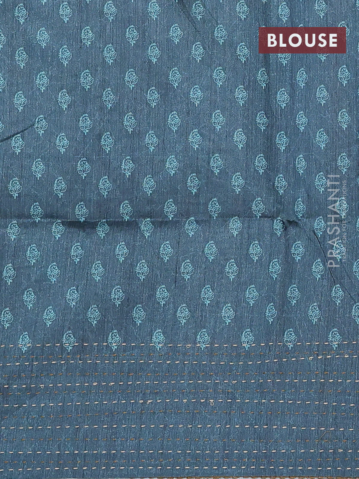Semi tussar saree dark sandal and peacock green with allover batik prints and katha stitch work pallu & border - Image 4