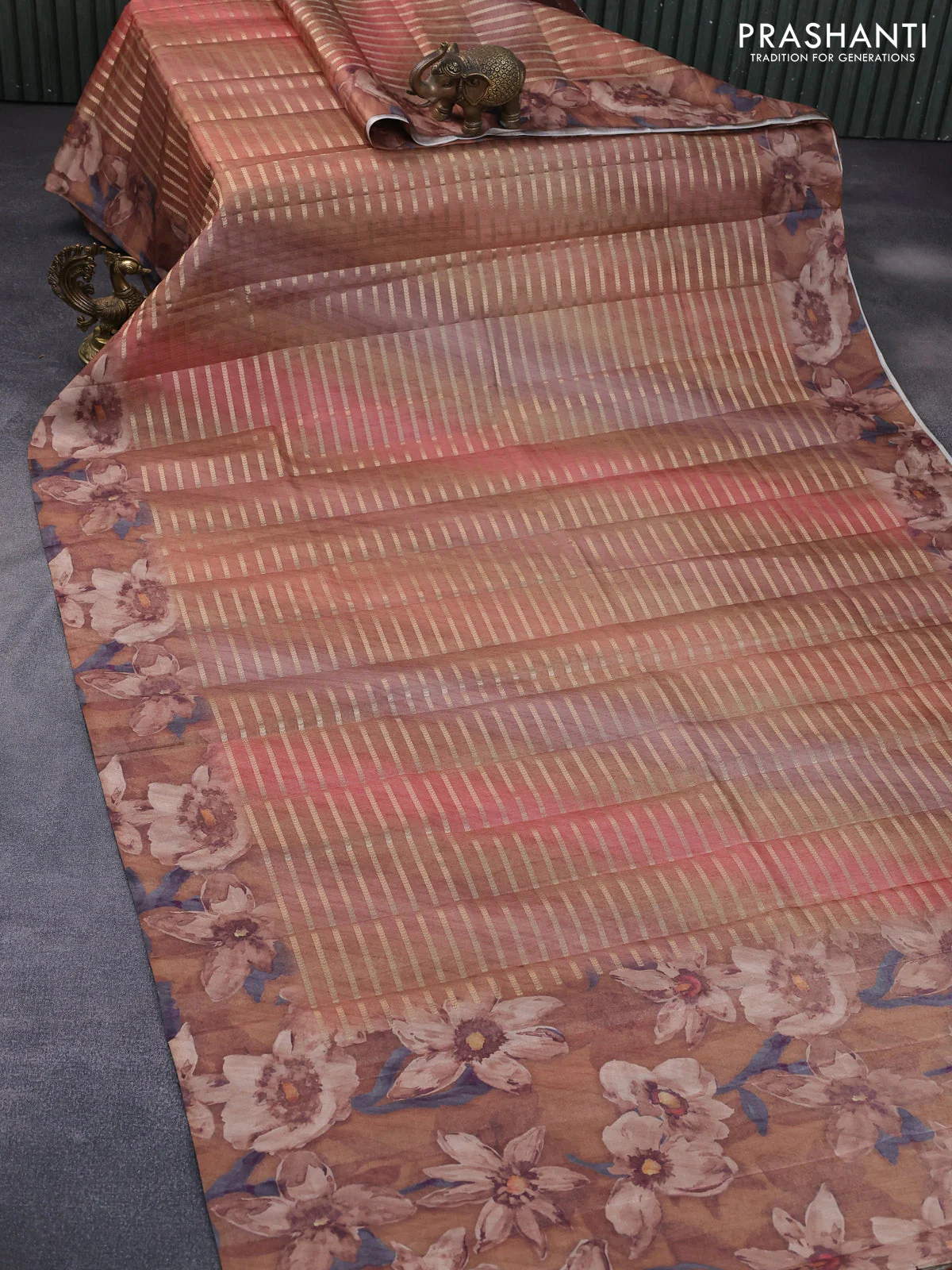 Semi tussar saree dark sandal with allover zari woven veldhari design and floral printed border - Image 2