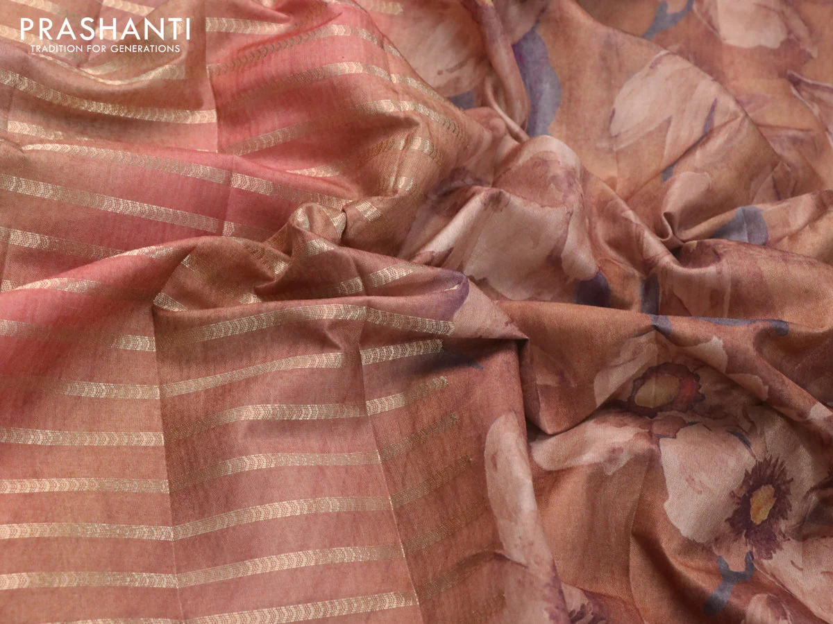 Semi tussar saree dark sandal with allover zari woven veldhari design and floral printed border - Image 3