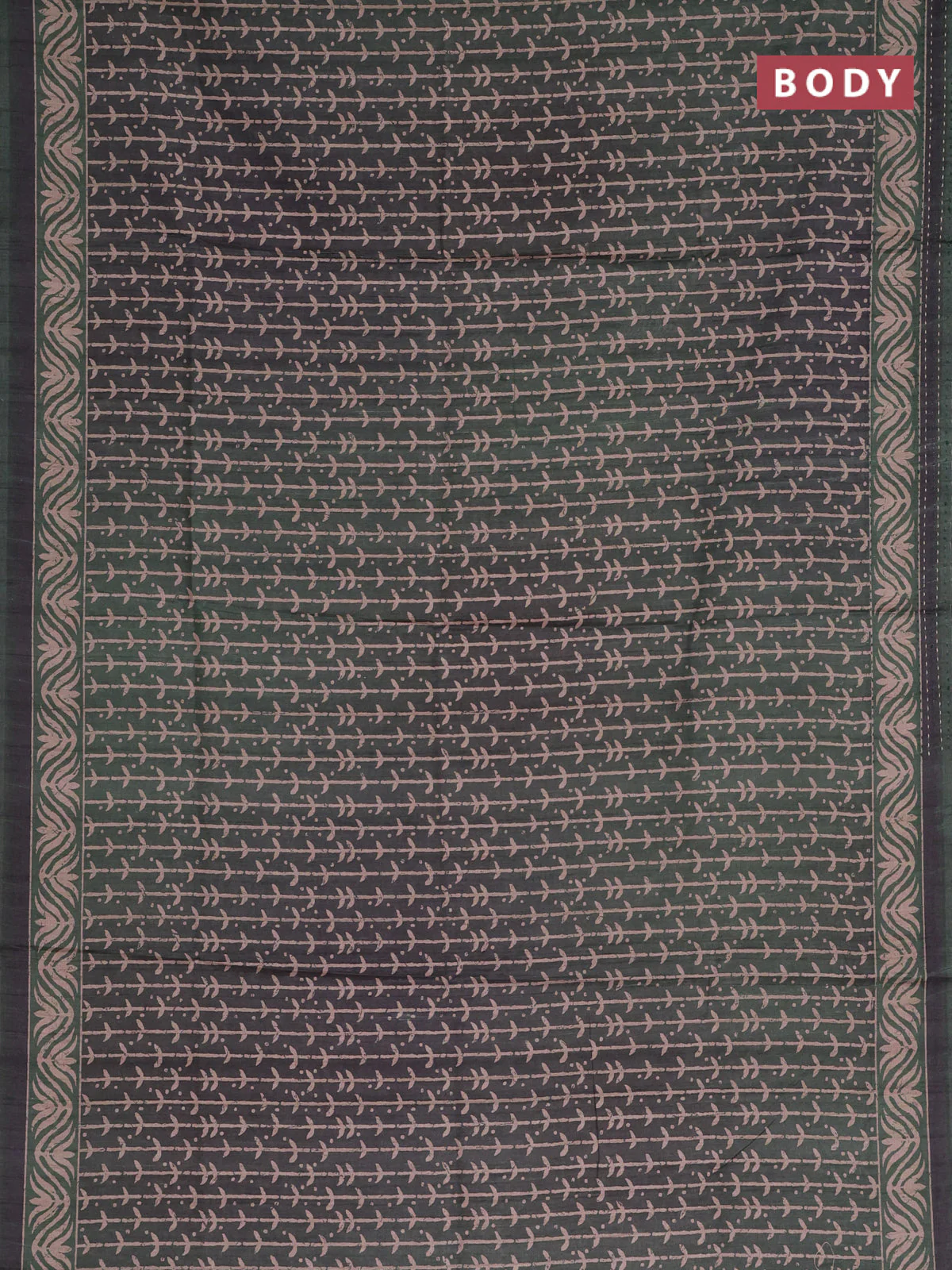 Semi tussar saree dark sap green with allover prints and kantha stitch work border - Image 2