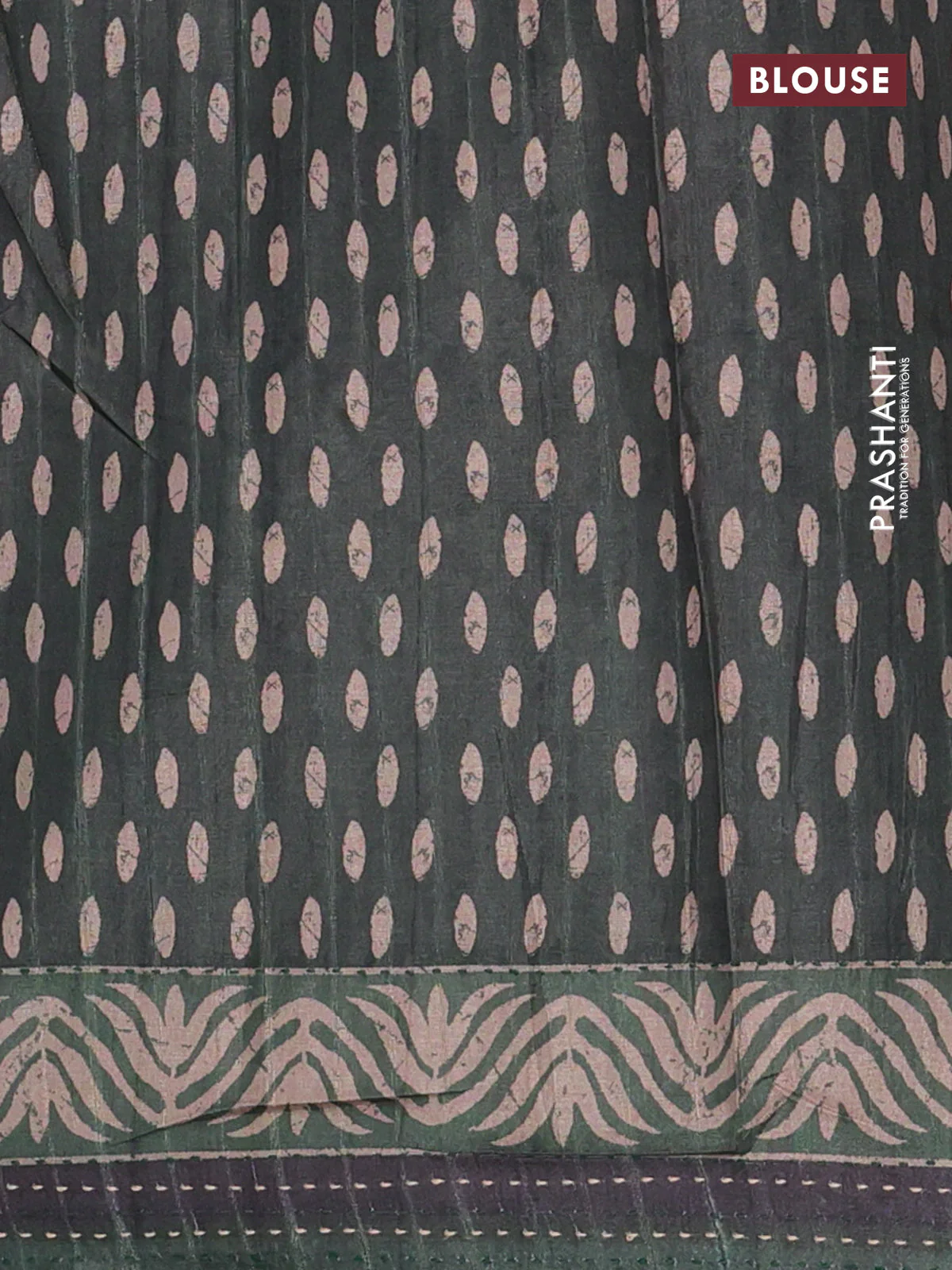 Semi tussar saree dark sap green with allover prints and kantha stitch work border - Image 4