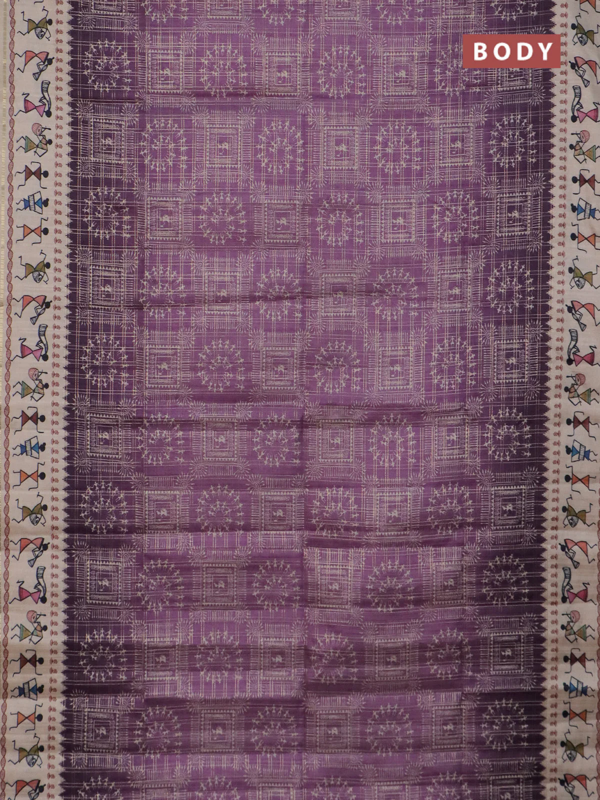 Semi tussar saree deap jamun and cream with allover zari checks & warli prints  and printed border - Image 2