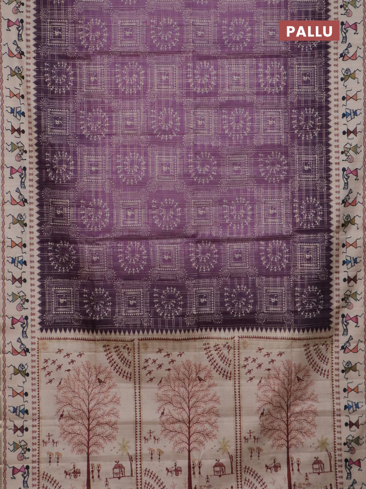 Semi tussar saree deap jamun and cream with allover zari checks & warli prints  and printed border - Image 3