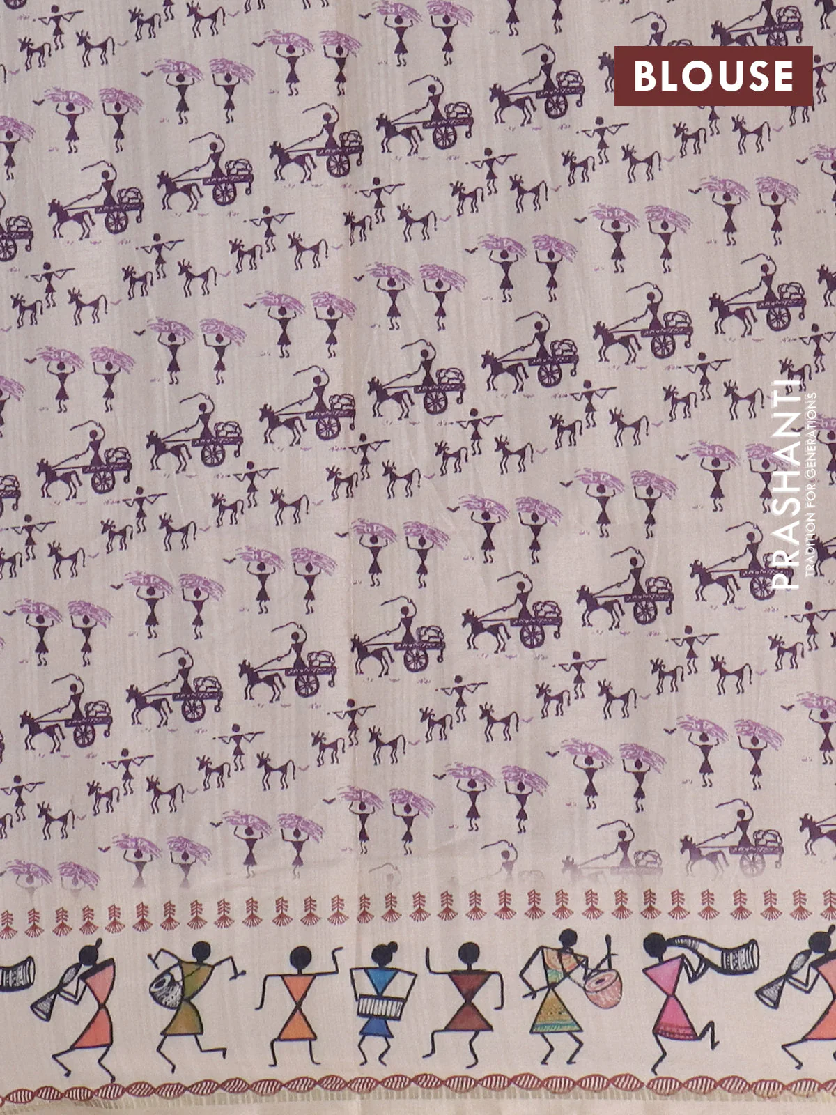 Semi tussar saree deap jamun and cream with allover zari checks & warli prints  and printed border - Image 4