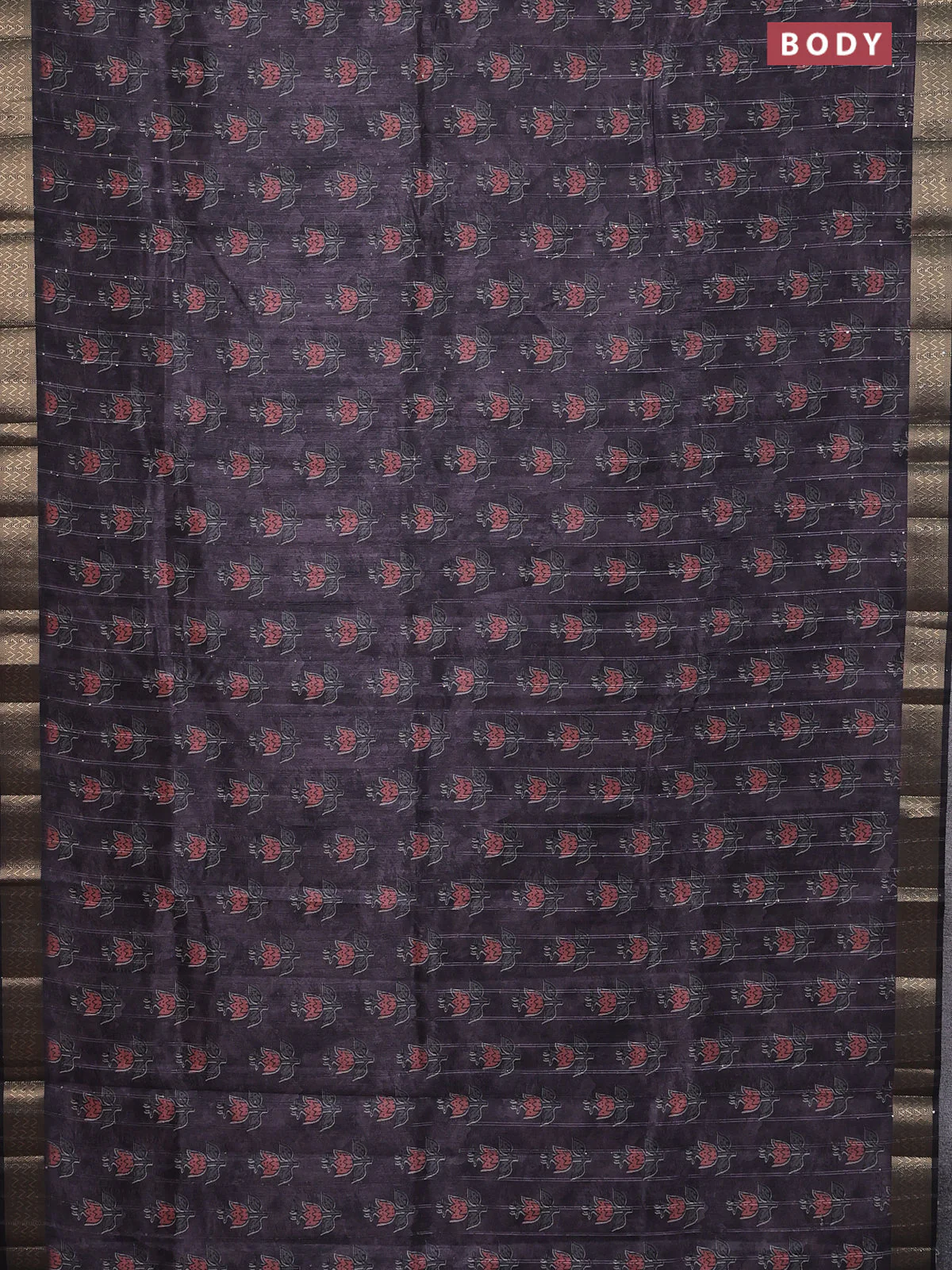 Semi tussar saree deep jamun and black with floral butta prints & sequin work and zari woven border - Image 2