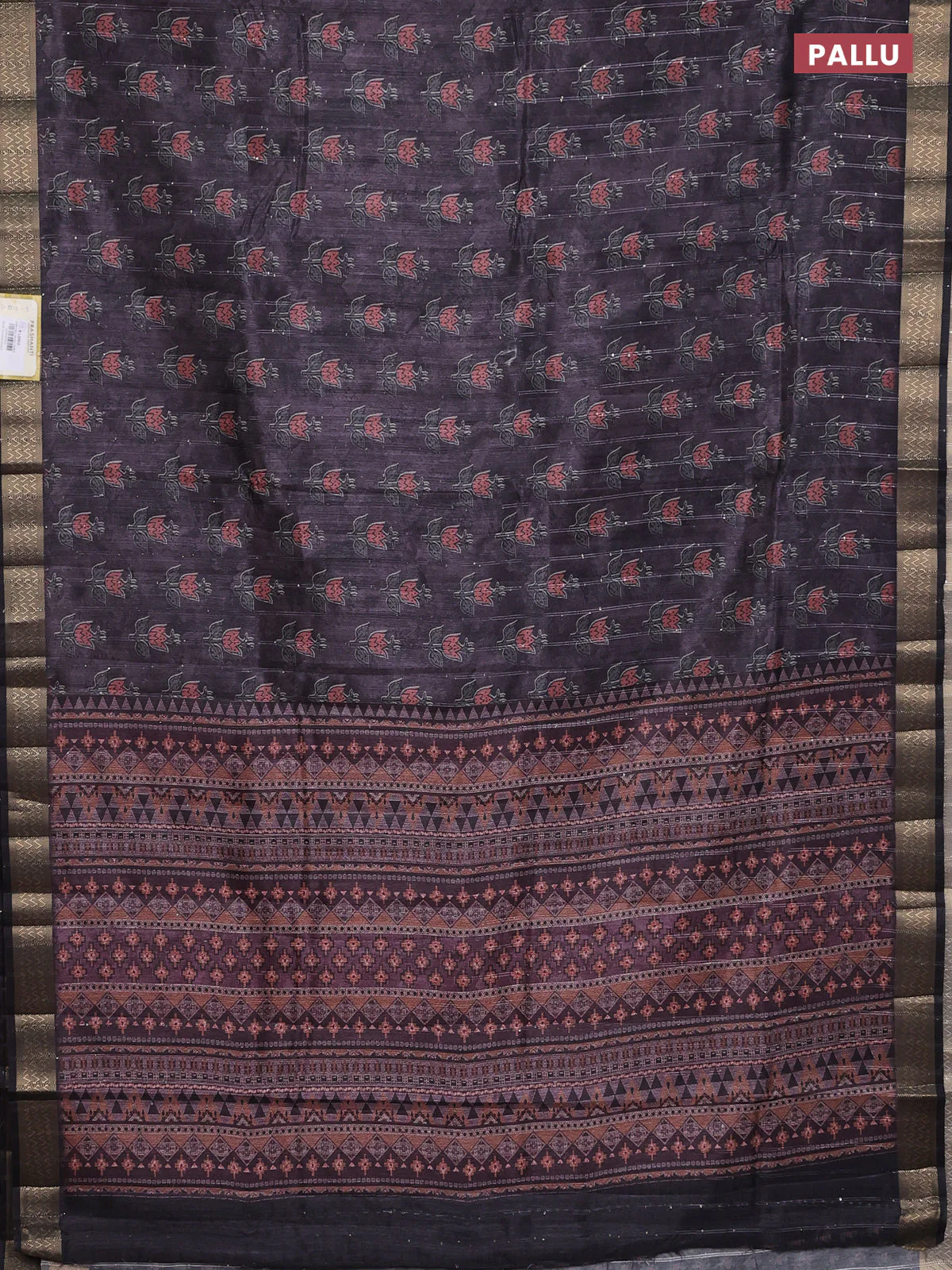 Semi tussar saree deep jamun and black with floral butta prints & sequin work and zari woven border - Image 3