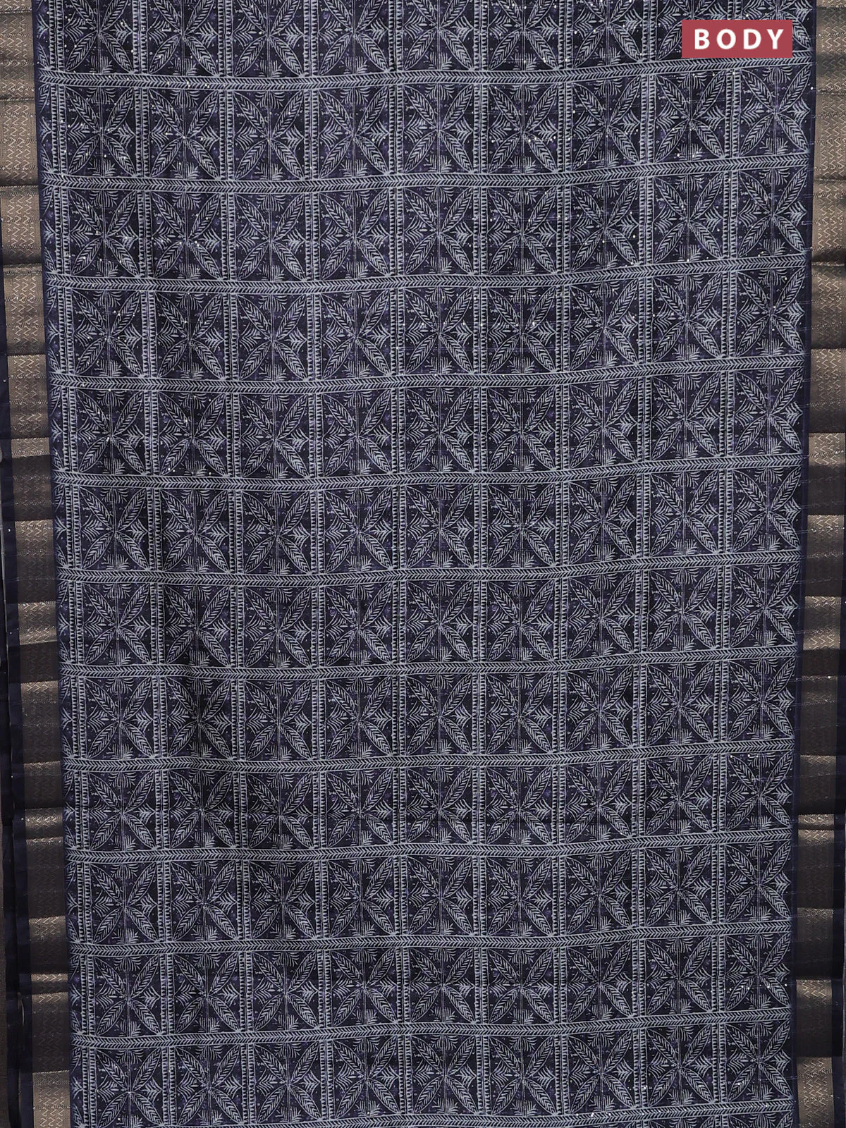 Semi tussar saree deep jamun shade with allover leaf prints & sequin work and zari woven border - Image 2