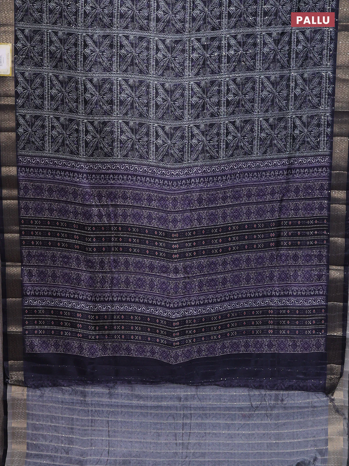 Semi tussar saree deep jamun shade with allover leaf prints & sequin work and zari woven border - Image 3