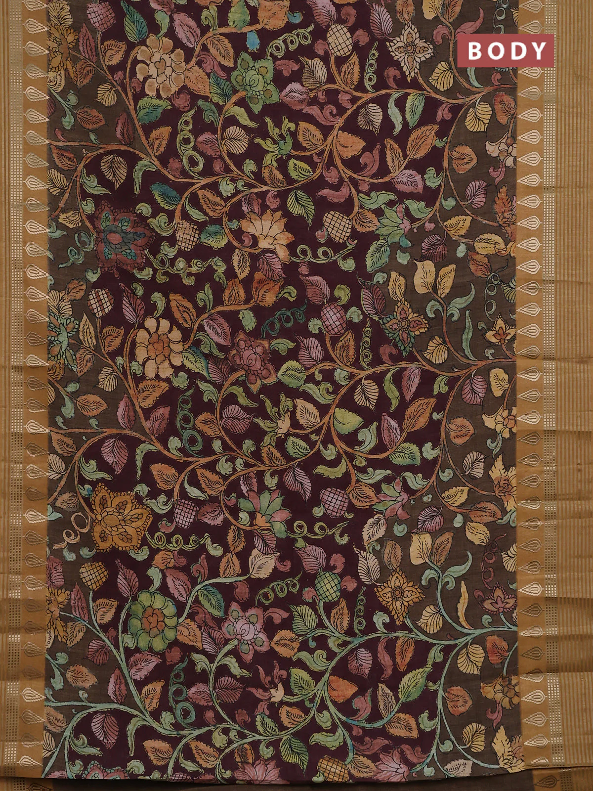 Semi tussar saree deep maroon and dark mustard with allover kalamkari prints and zari woven border - Image 2
