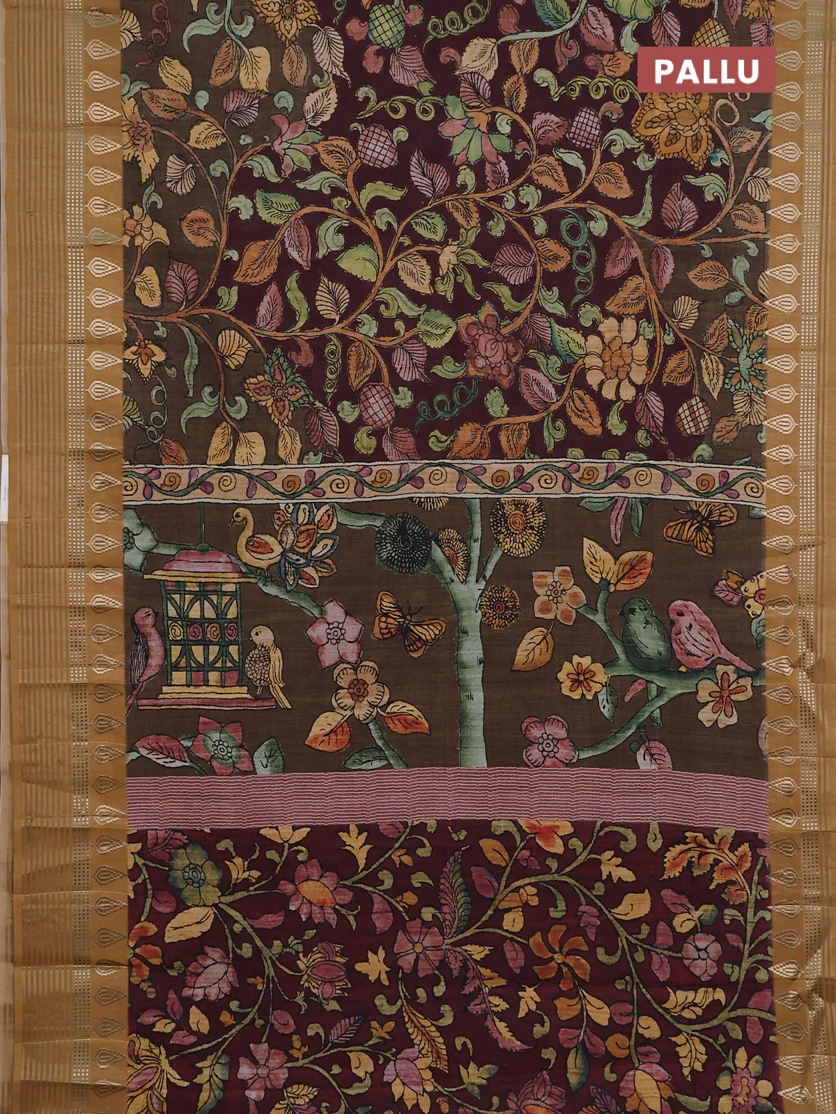 Semi tussar saree deep maroon and dark mustard with allover kalamkari prints and zari woven border - Image 3