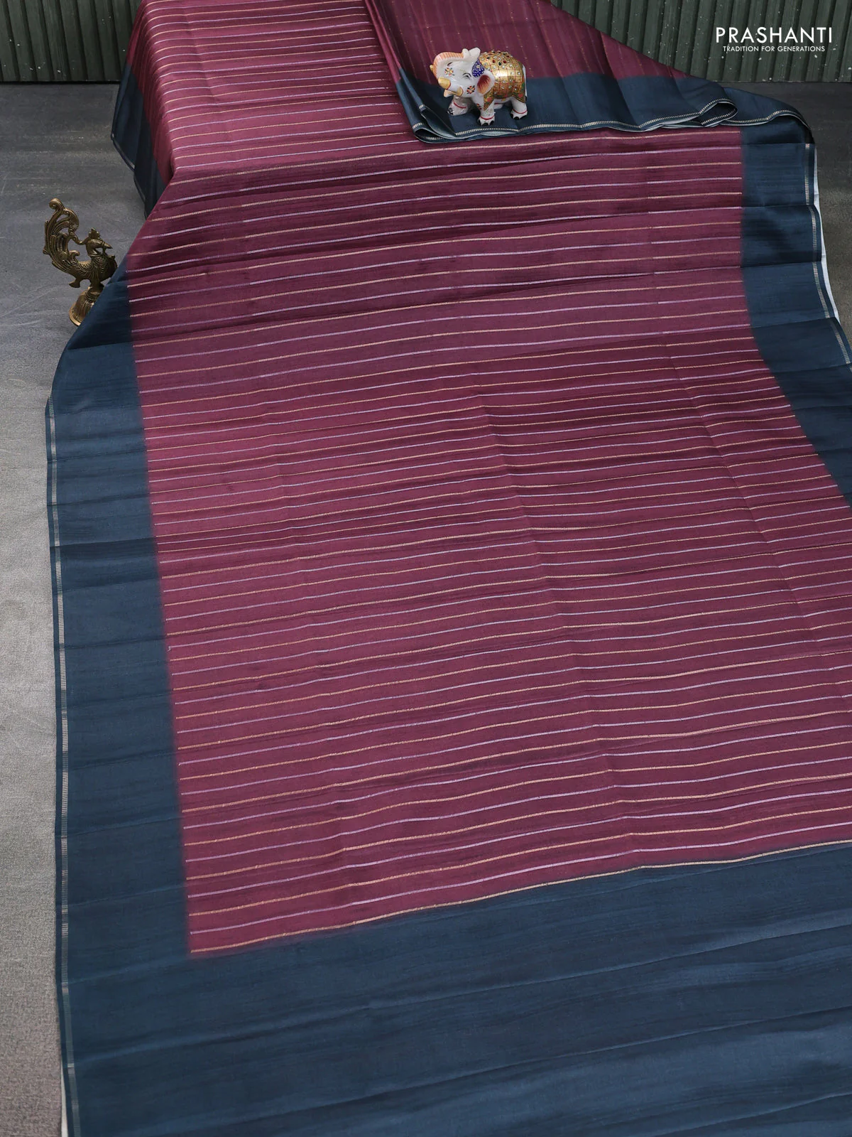 Semi tussar saree deep maroon and dark peacock green with allover silver & gold zari weaves and simple zari border - Image 2