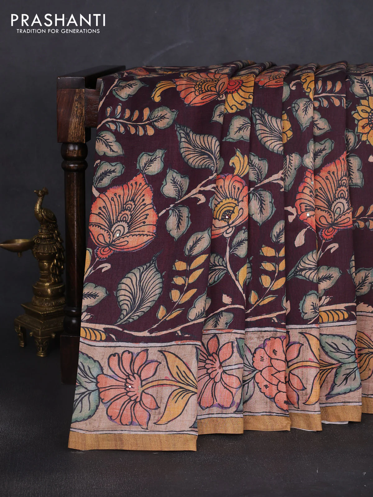 Semi tussar saree deep maroon and mustard yellow with allover kalamkari prints and mirror work - Image 2