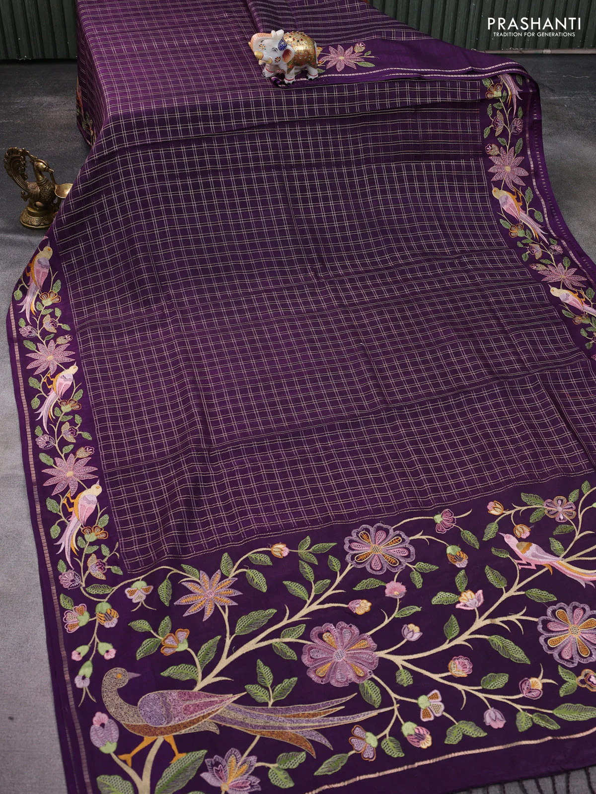 Semi tussar saree deep purple with allover zari checked pattern and embroidery border - Image 2