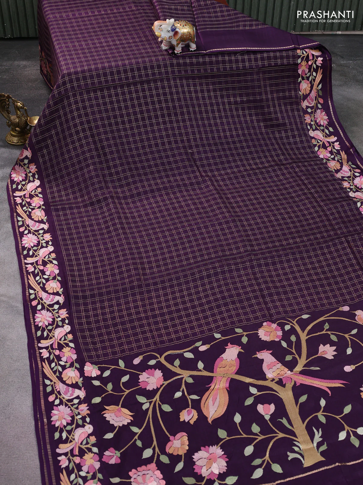 Semi tussar saree deep purple with allover zari checked pattern and embroidery border - Image 2