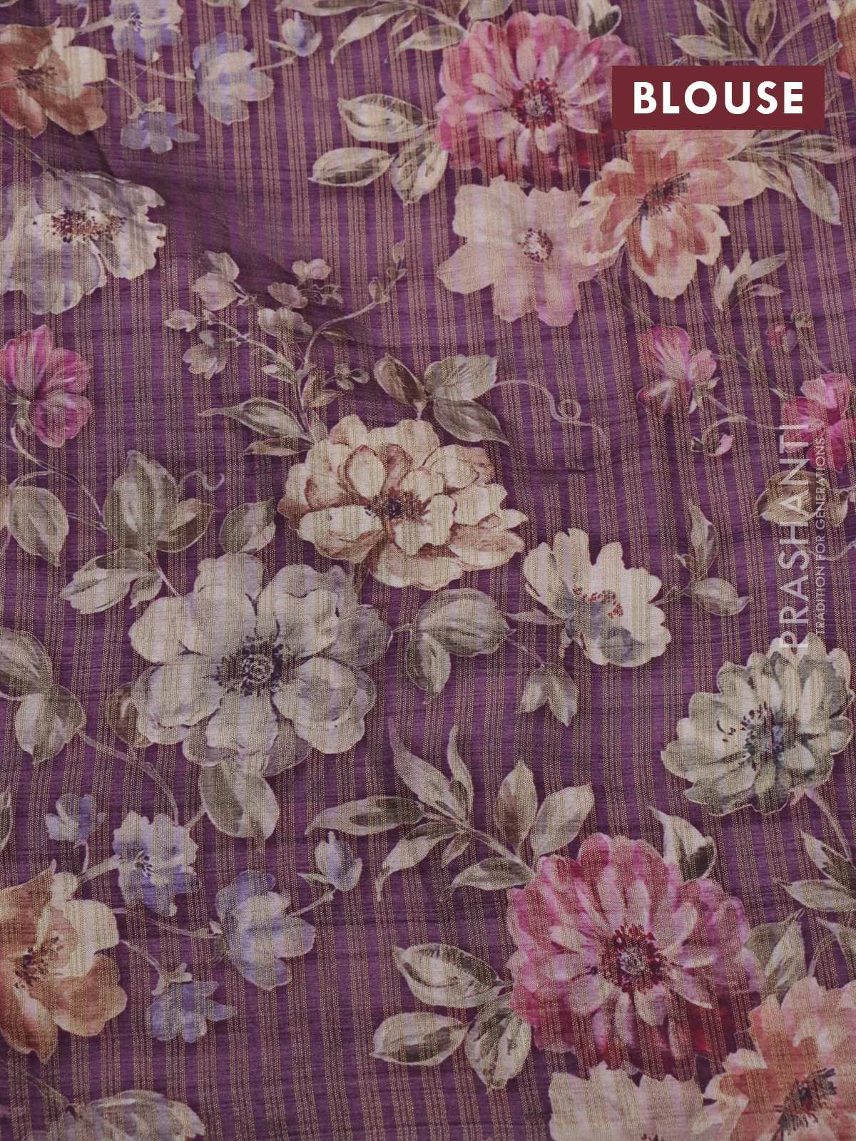 Semi tussar saree deep purple with allover zari woven stripes pattern and floral printed border - Image 10