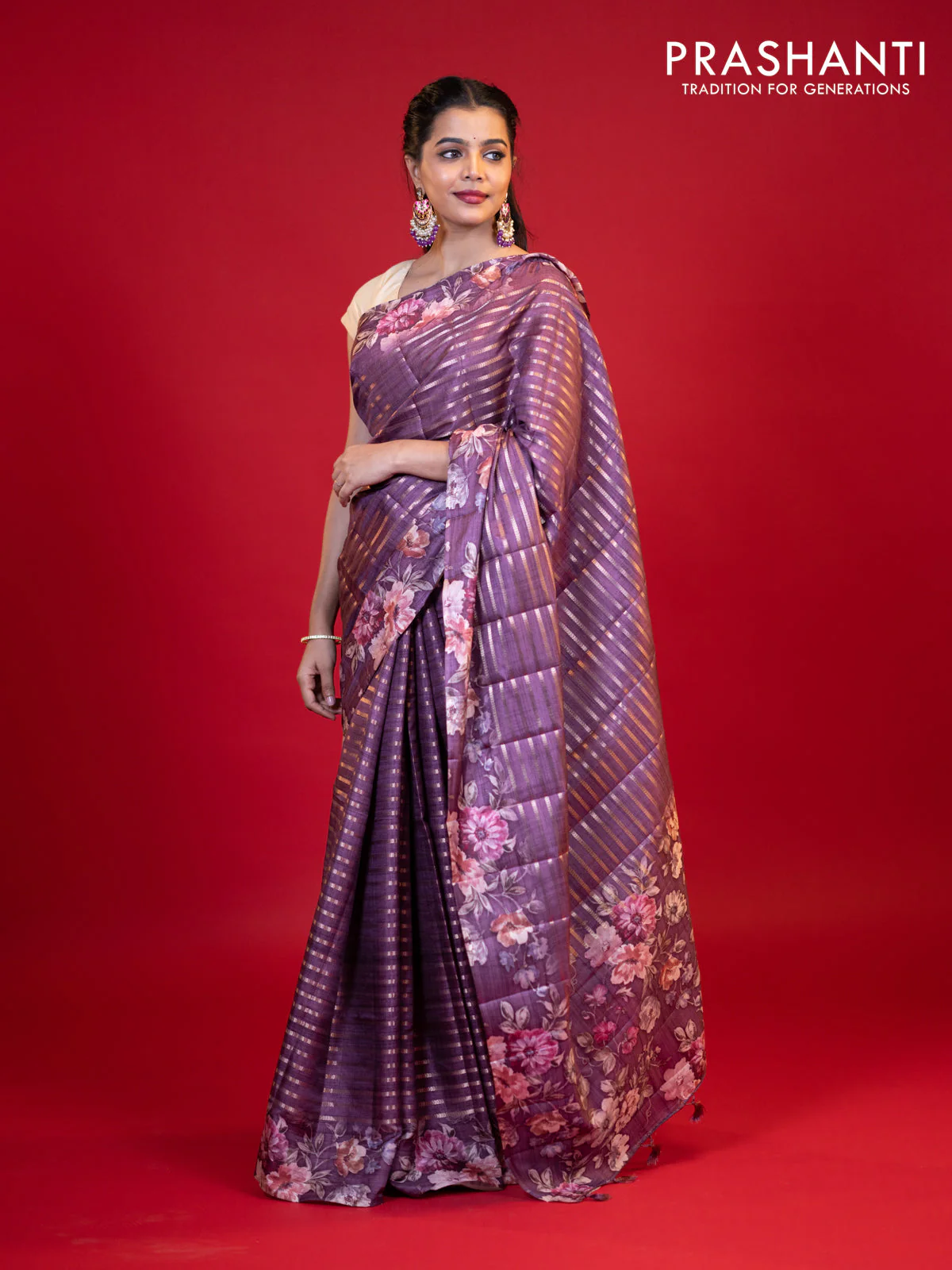 Semi tussar saree deep purple with allover zari woven stripes pattern and floral printed border - Image 2