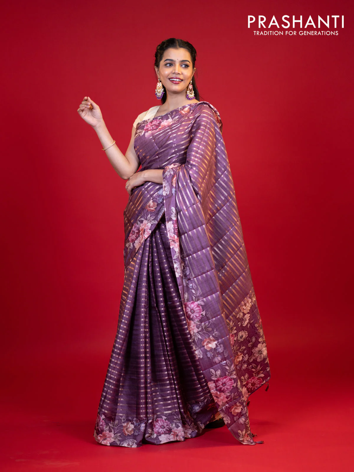 Semi tussar saree deep purple with allover zari woven stripes pattern and floral printed border - Image 4