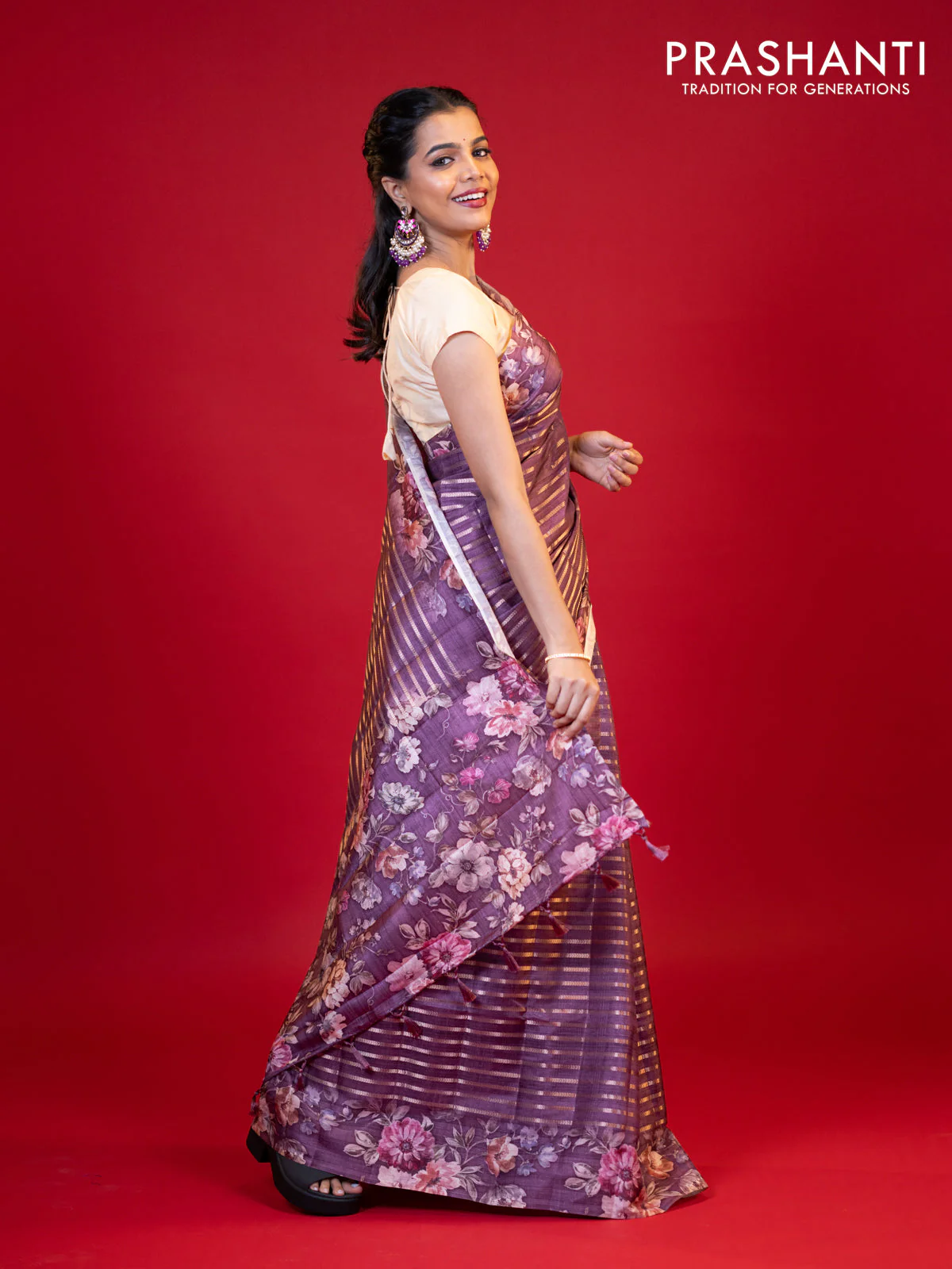 Semi tussar saree deep purple with allover zari woven stripes pattern and floral printed border - Image 5