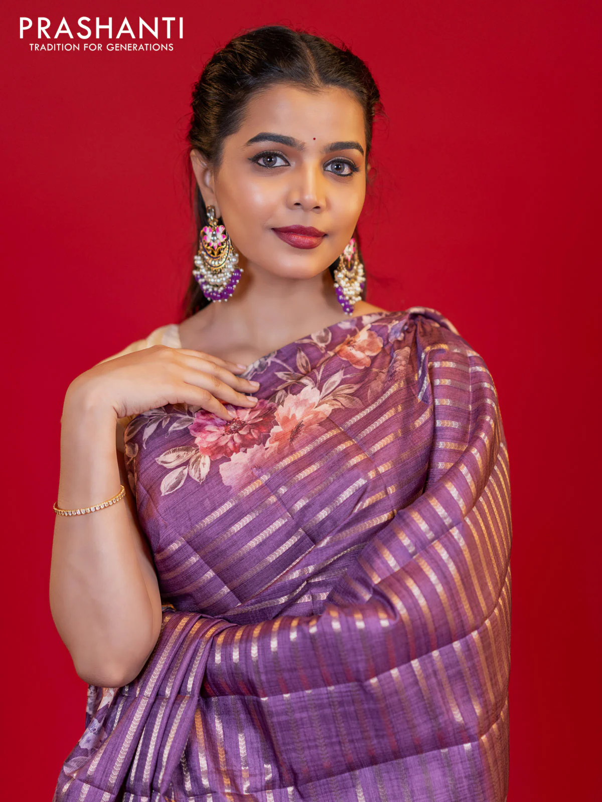Semi tussar saree deep purple with allover zari woven stripes pattern and floral printed border - Image 6