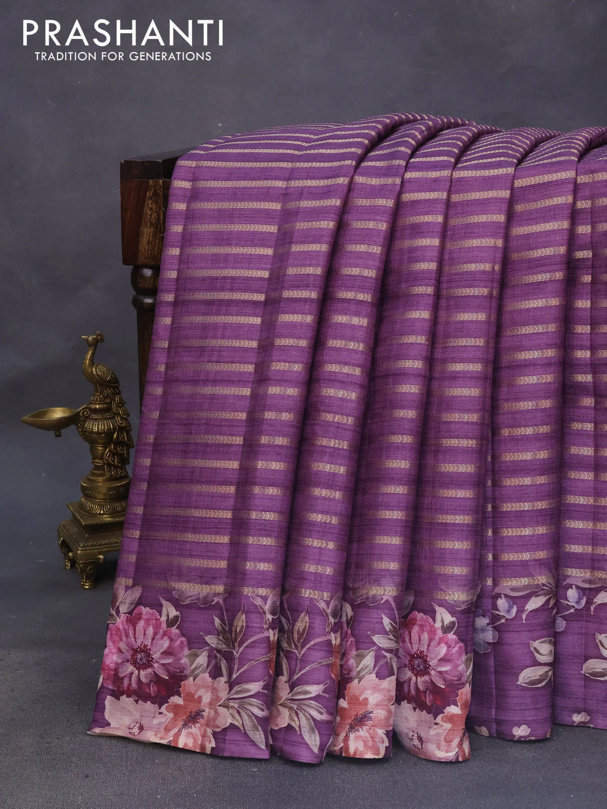 Semi tussar saree deep purple with allover zari woven stripes pattern and floral printed border - Image 7