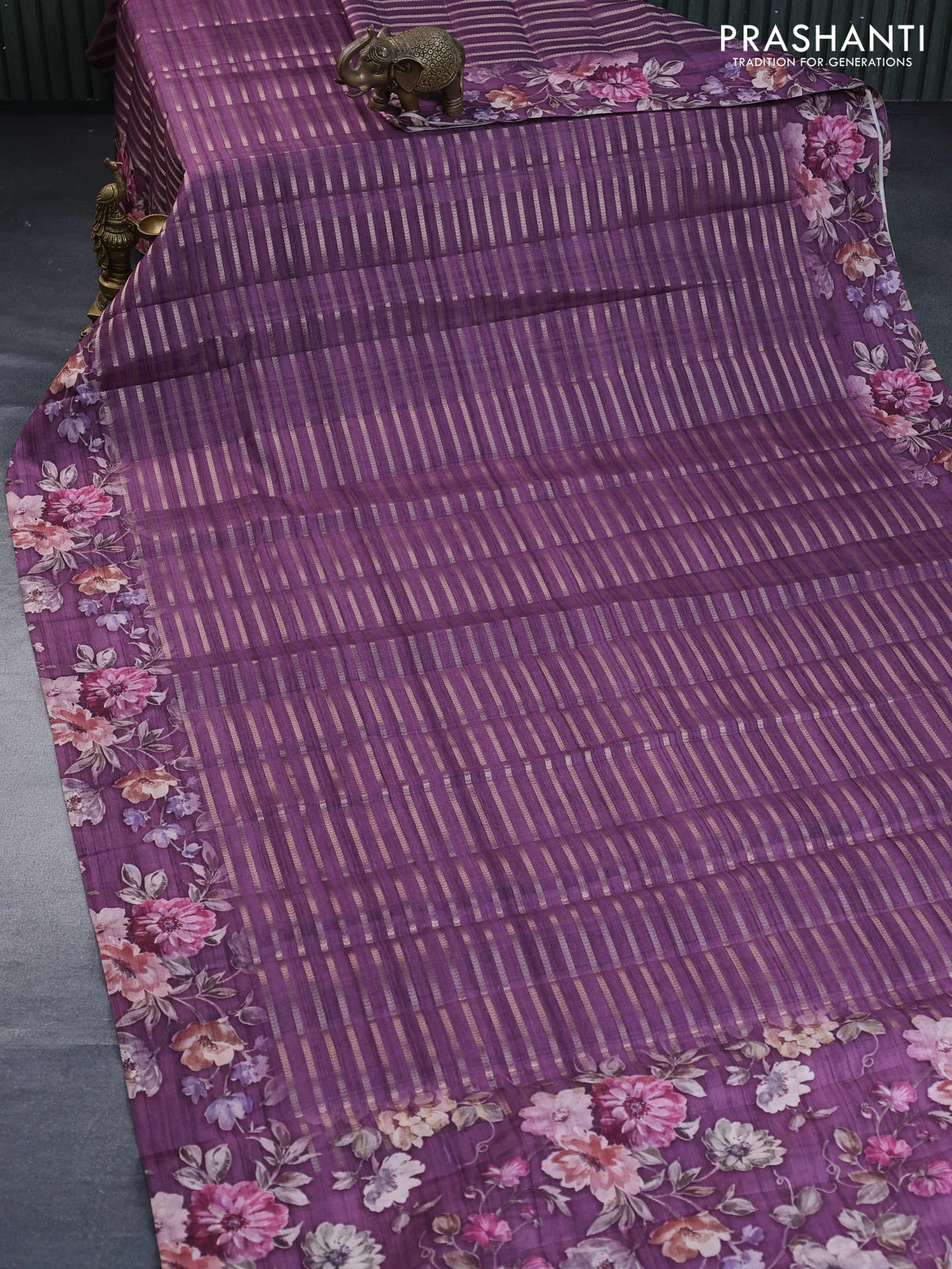 Semi tussar saree deep purple with allover zari woven stripes pattern and floral printed border - Image 8