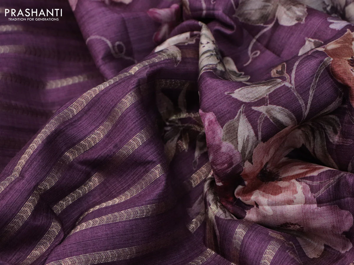 Semi tussar saree deep purple with allover zari woven stripes pattern and floral printed border - Image 9