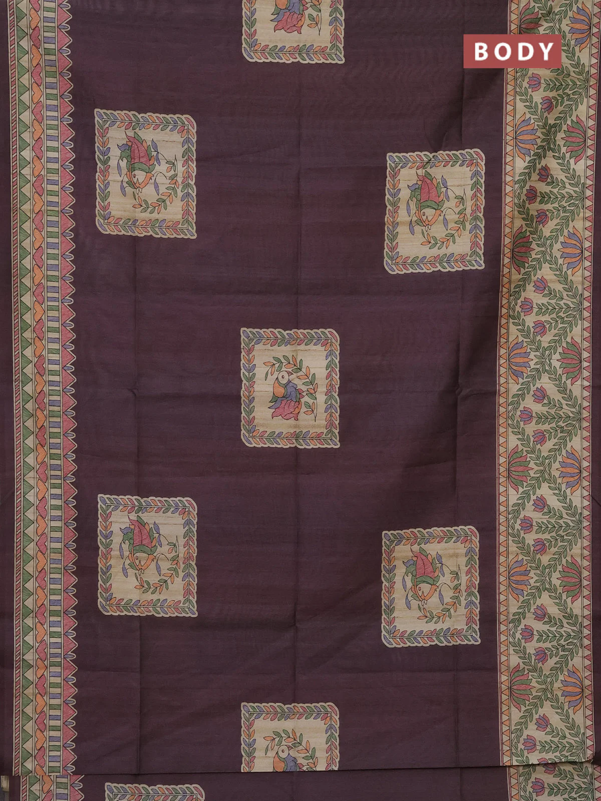 Semi tussar saree deep wine and beige with madhubani prints and printed border - Image 2