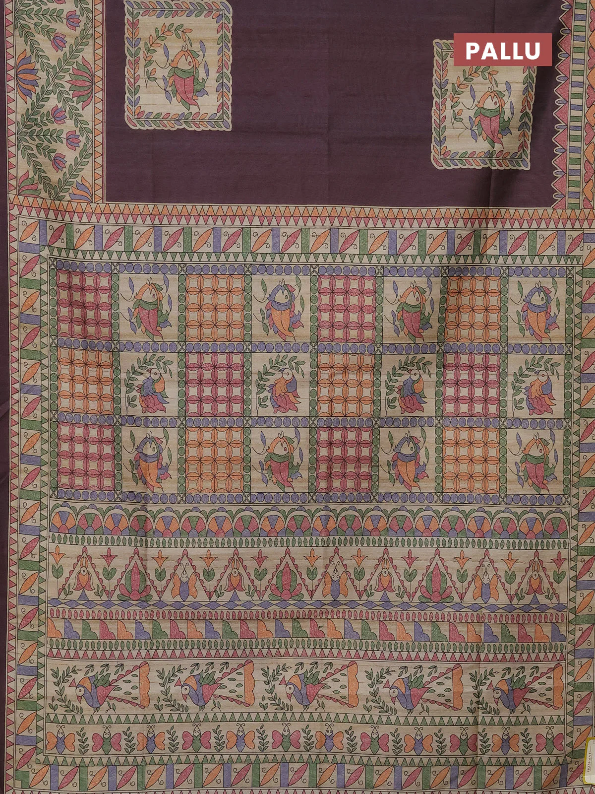 Semi tussar saree deep wine and beige with madhubani prints and printed border - Image 3
