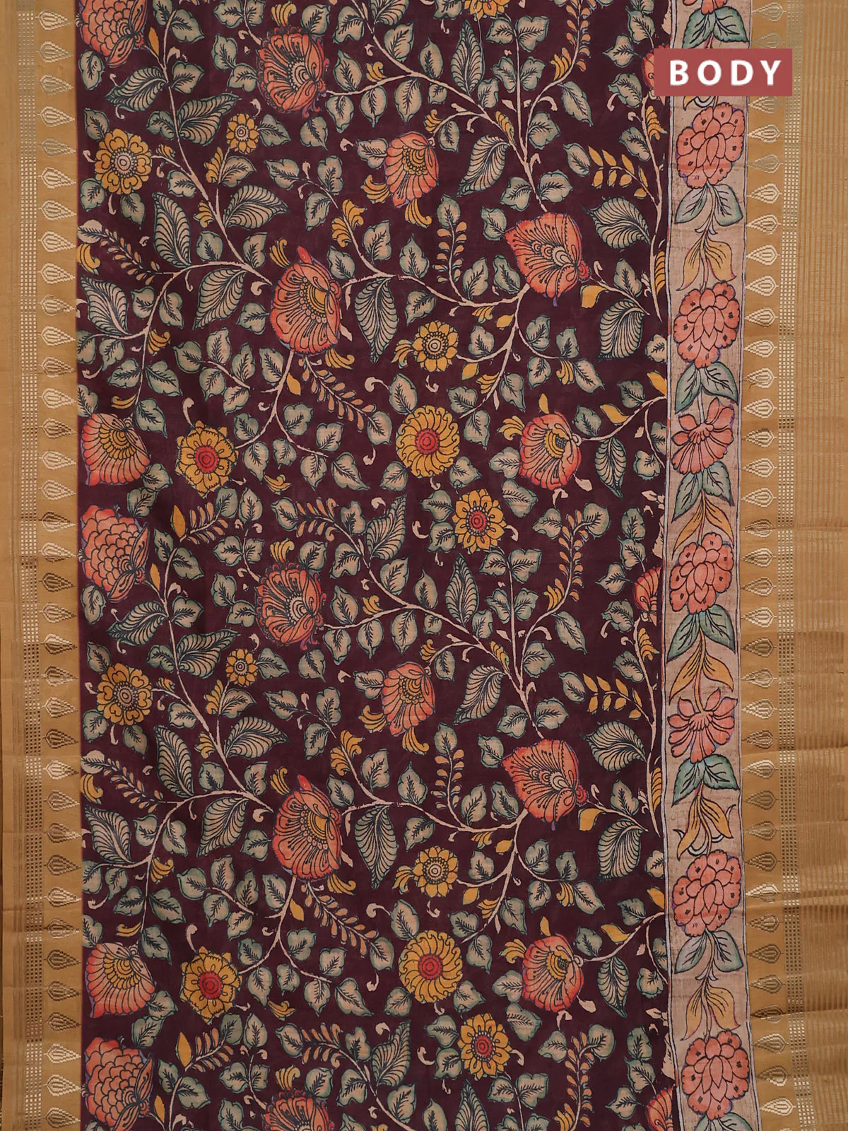 Semi tussar saree deep wine and sandal with allover kalamkari prints and zari woven border - Image 2